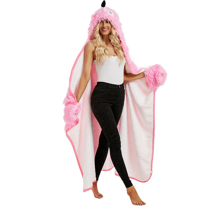 Animal Fluffy Fleece Unisex Hooded Blankets - Pink Flamingo