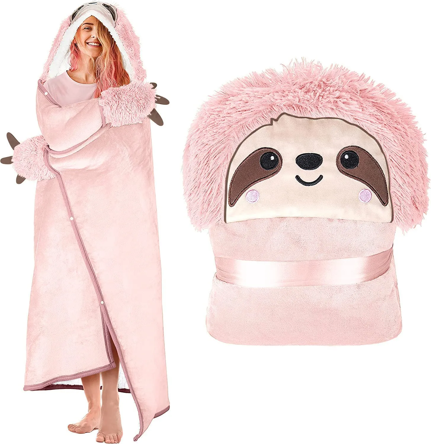 Animal Fluffy Fleece Unisex Hooded Blankets - Pink Sloth