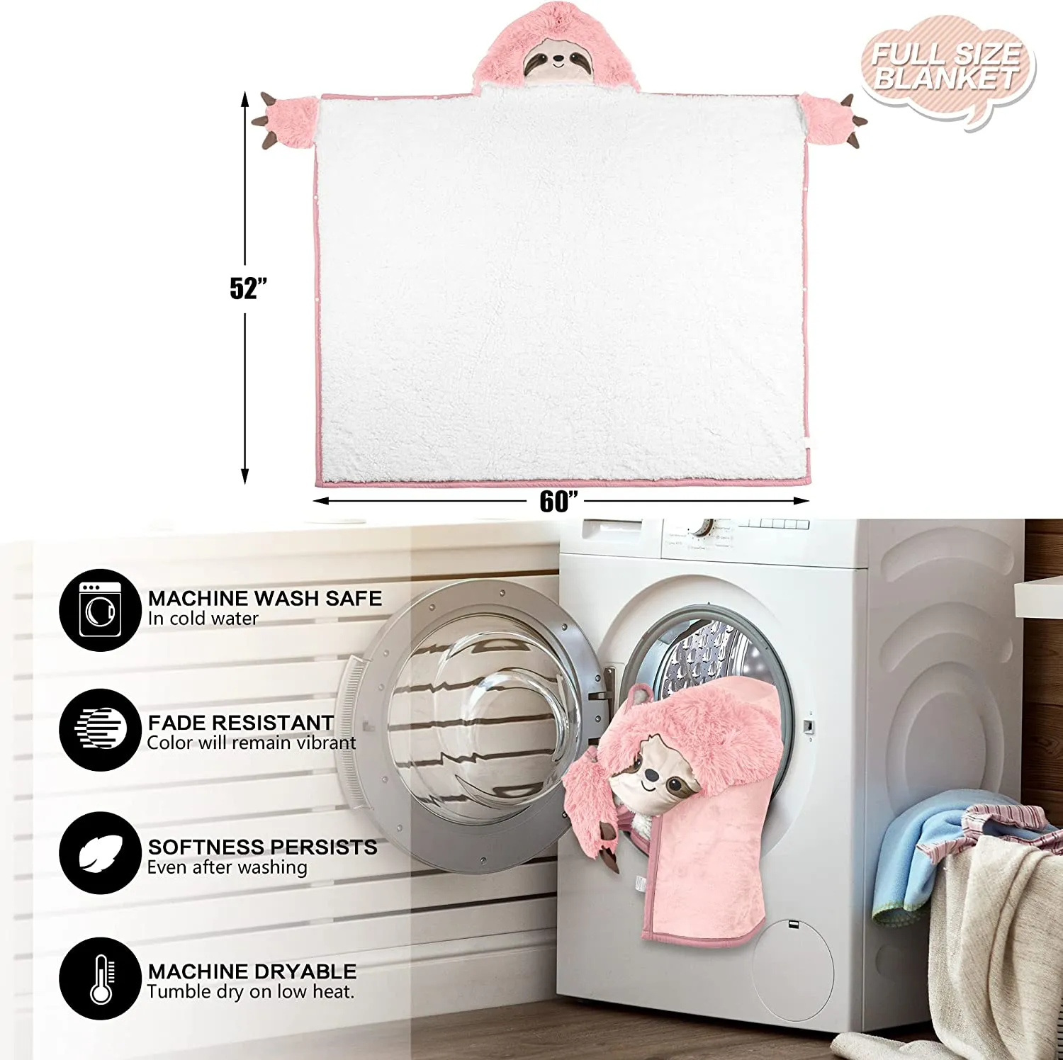 Animal Fluffy Fleece Unisex Hooded Blankets - Pink Sloth