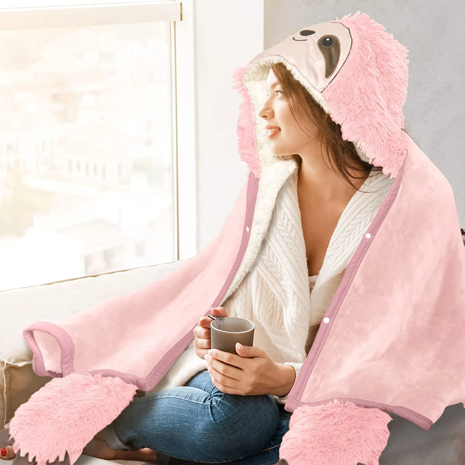 Animal Fluffy Fleece Unisex Hooded Blankets - Pink Sloth