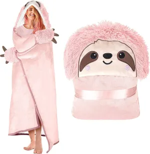 Animal Fluffy Fleece Unisex Hooded Blankets - Pink Sloth