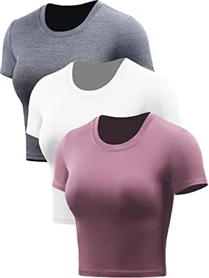Cadmus Workout Crop Tops Women Racerback Dry Fit Athletic Shirts Short Sleeve 3 Piecese, Grey, White, Pink, Small