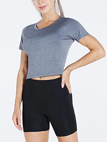 Cadmus Workout Crop Tops Women Racerback Dry Fit Athletic Shirts Short Sleeve 3 Piecese, Grey, White, Pink, Small