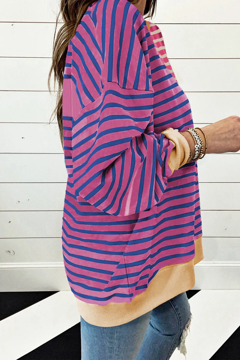 Casual Stripe Colorblock Drop Shoulder Oversize Sweatshirt