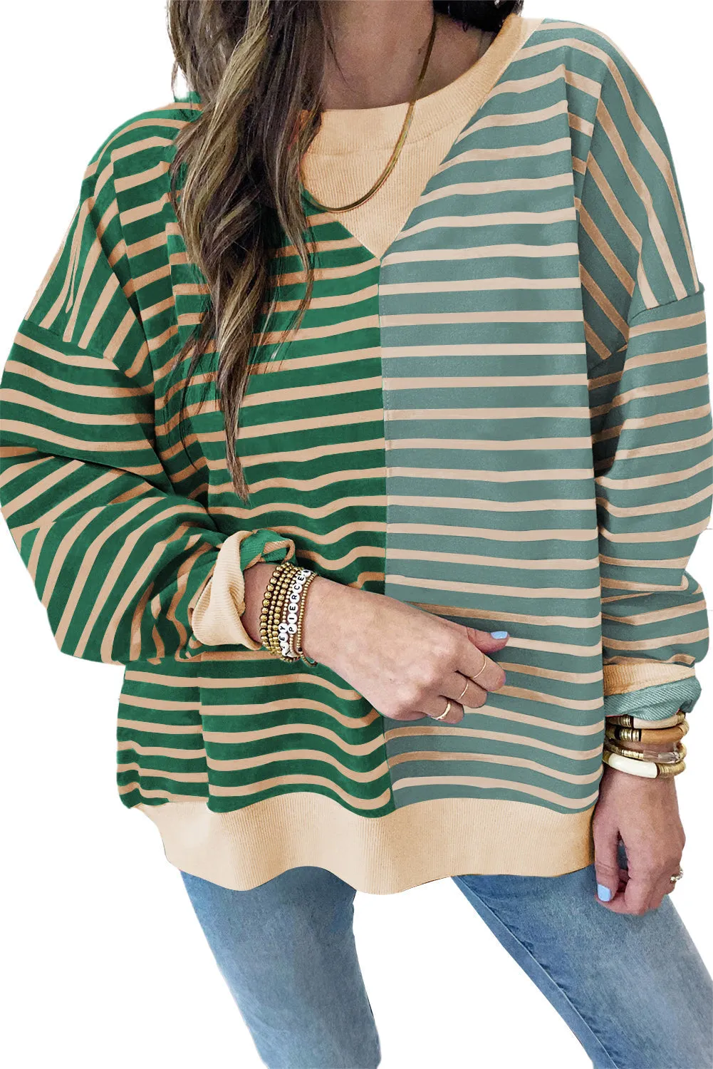 Casual Stripe Colorblock Drop Shoulder Oversize Sweatshirt
