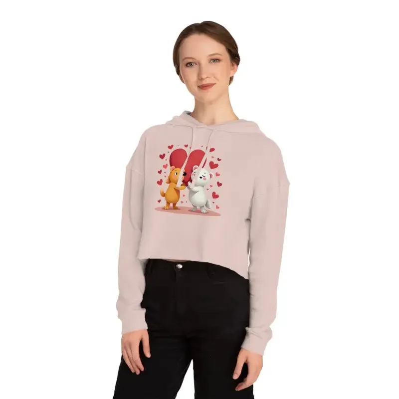 Cropped Hooded Sweatshirt with Bear Heart Design