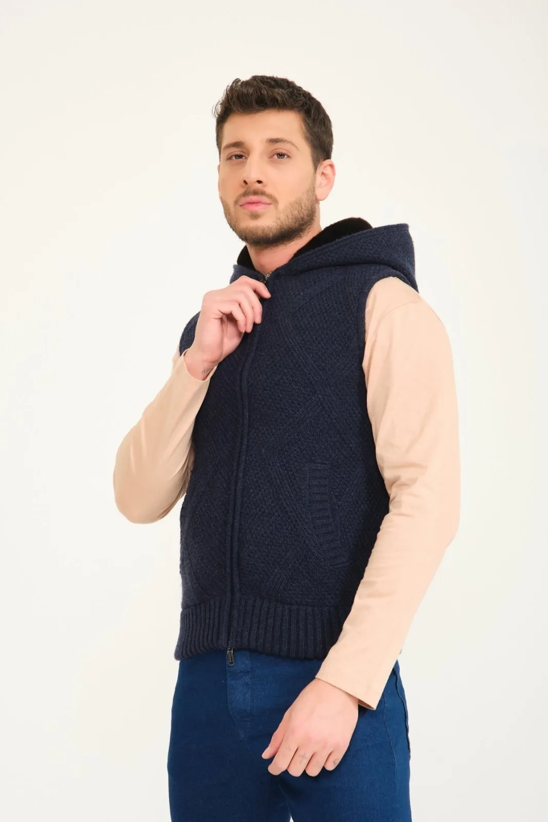 Dark Blue Wool & Rex Fur Knit Vest