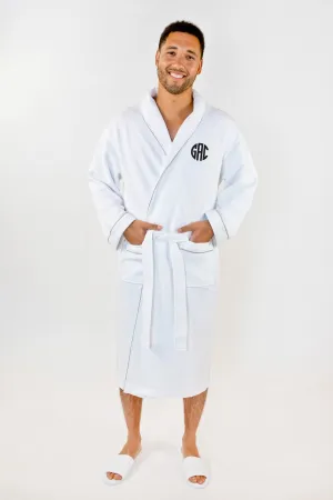 Grid Style Embroidered Bathrobe White with Grey Piping