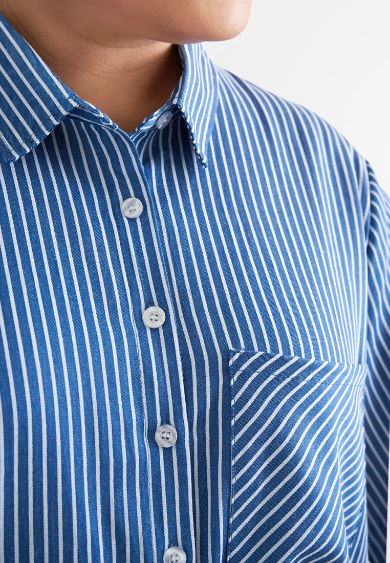 Leandra Stripes Long Shirt Dress - Blue