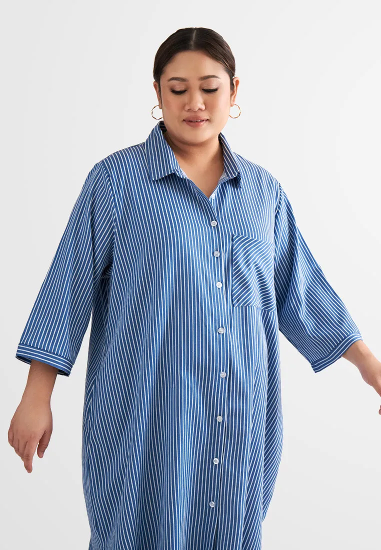 Leandra Stripes Long Shirt Dress - Blue