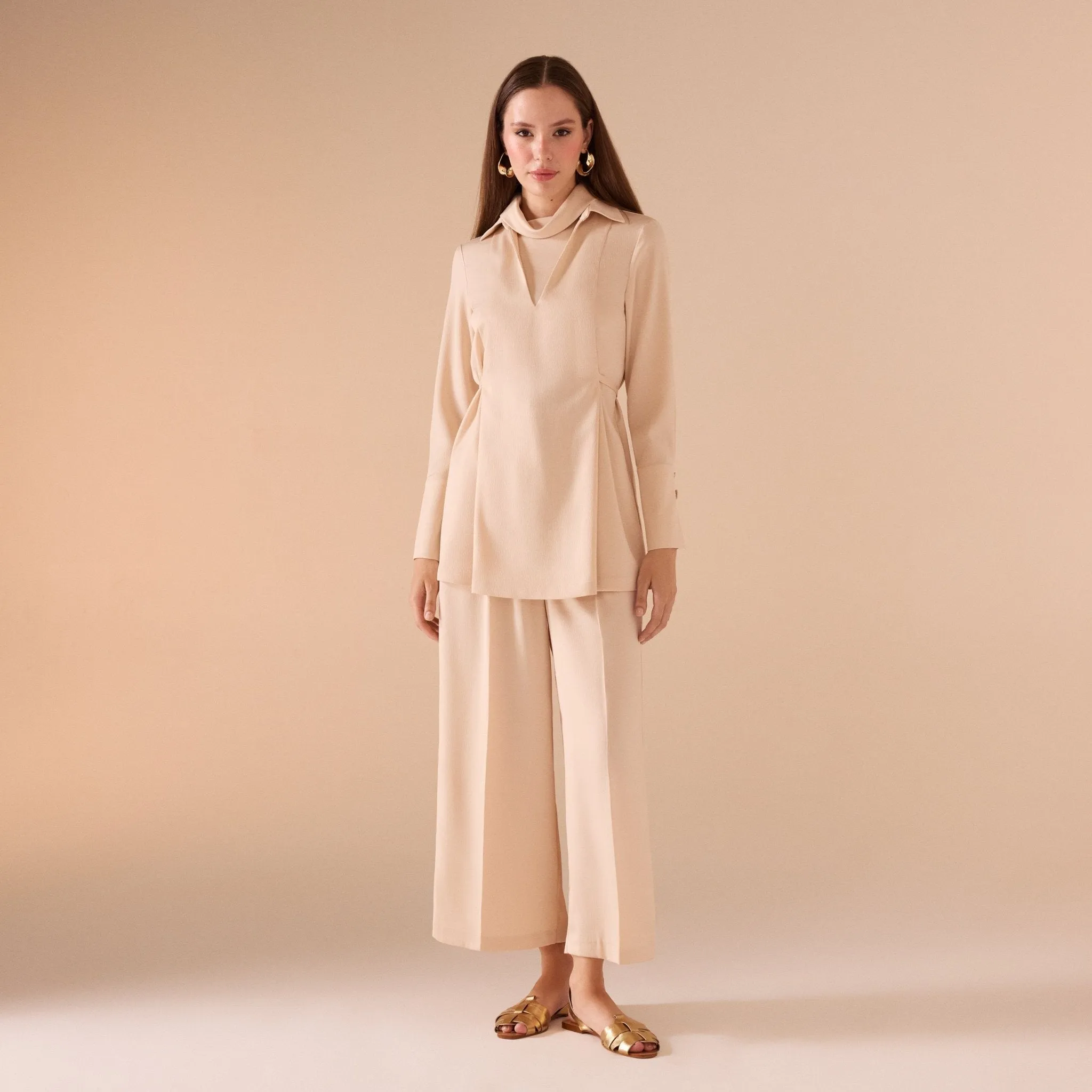 Nude Satin Long Sleeve Top