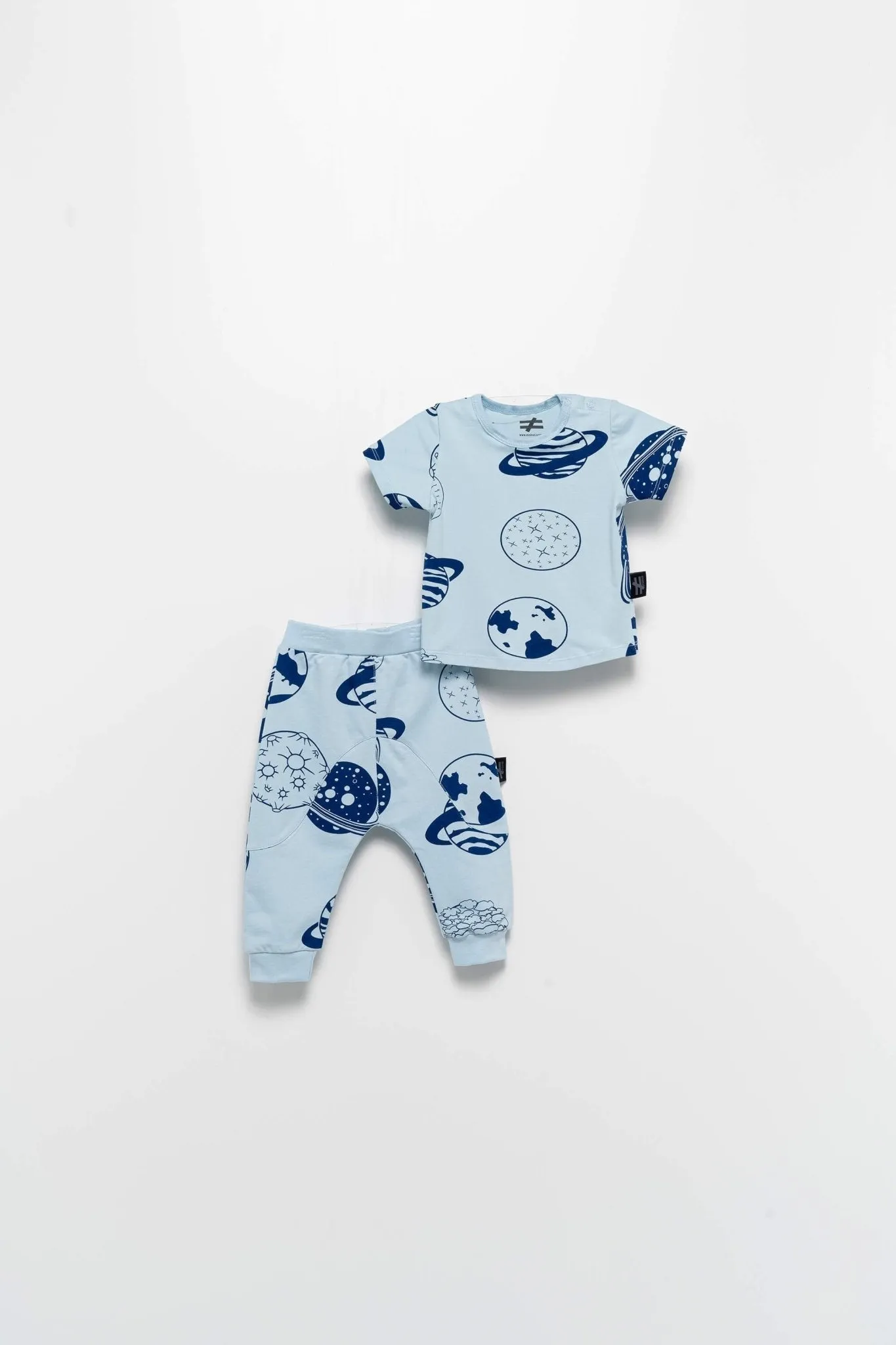 Short sleeve planet pattern design top paired with stretchable pajama pants.