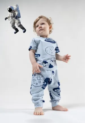 Short sleeve planet pattern design top paired with stretchable pajama pants.