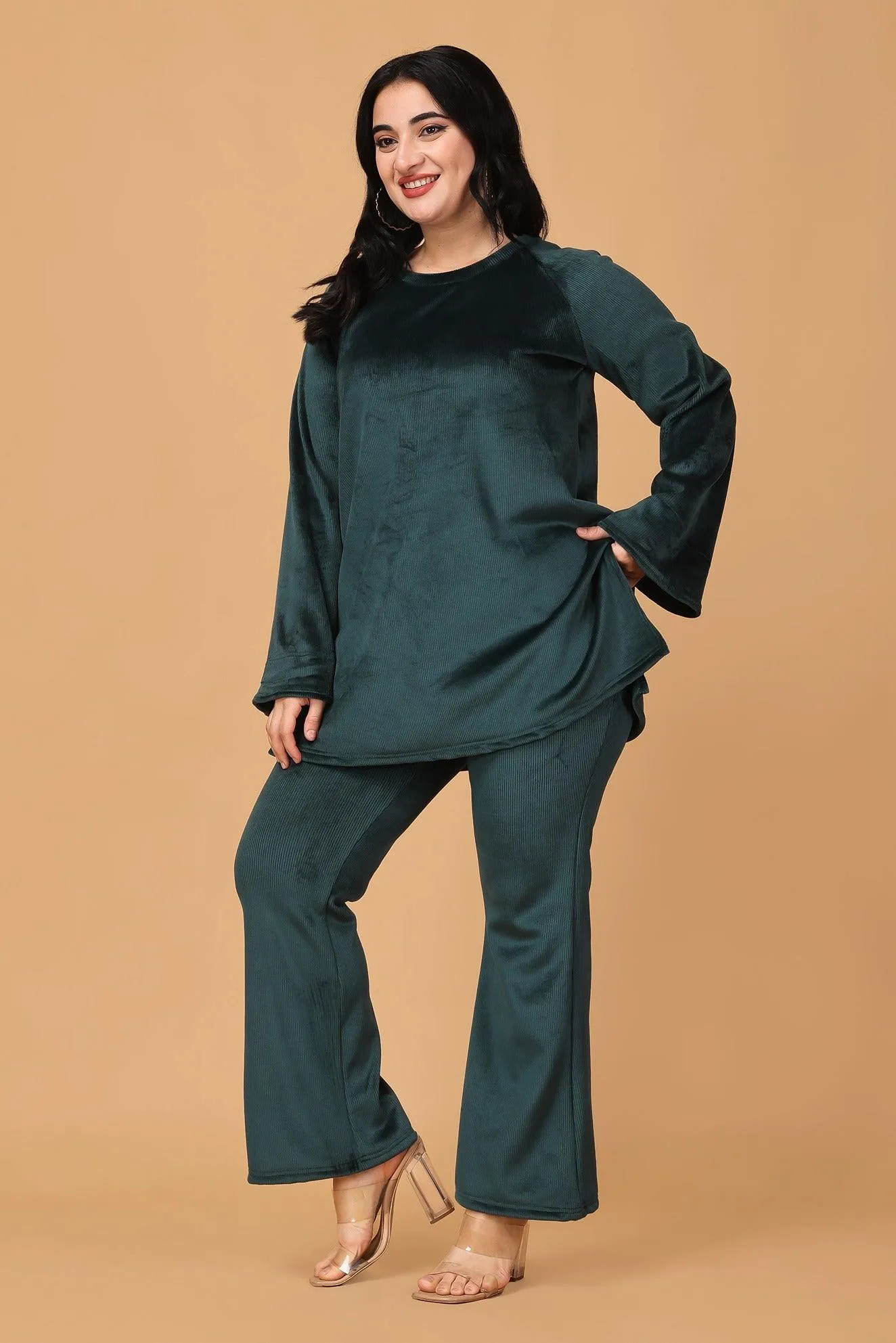 Solid Ribbed Knit Co-ord Set-Green