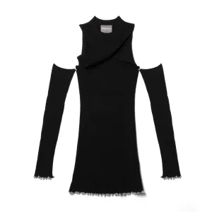 Twist Knit Dress w/ Glove Sleeves - Black