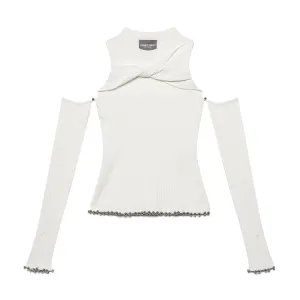 Twist Knit Top w/ Glove Sleeves - White